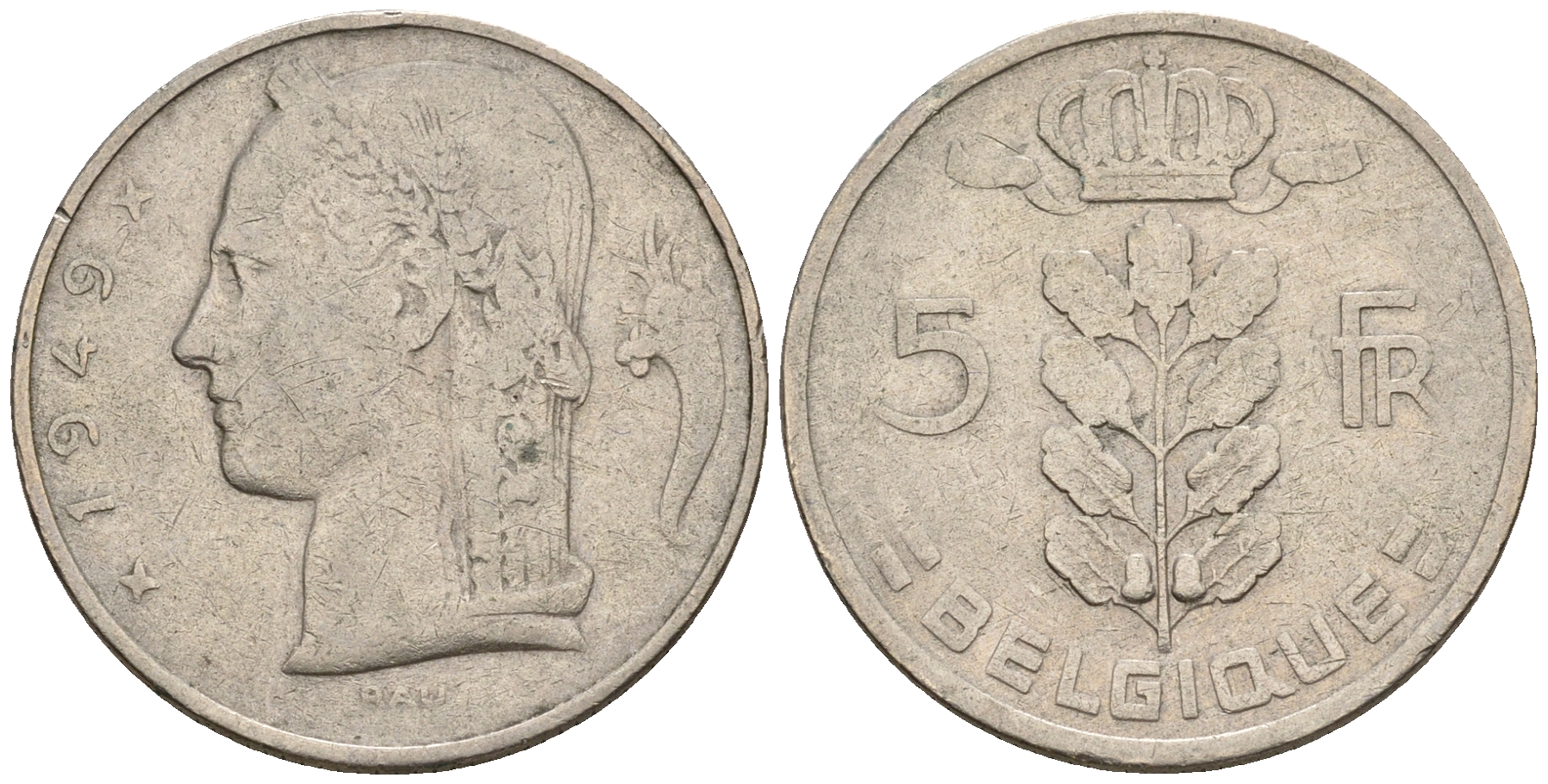 Бельгия 5 франков 1949 Леопольд III (1934-1950), Belgique KM 134.1 медно-никель 259-1046