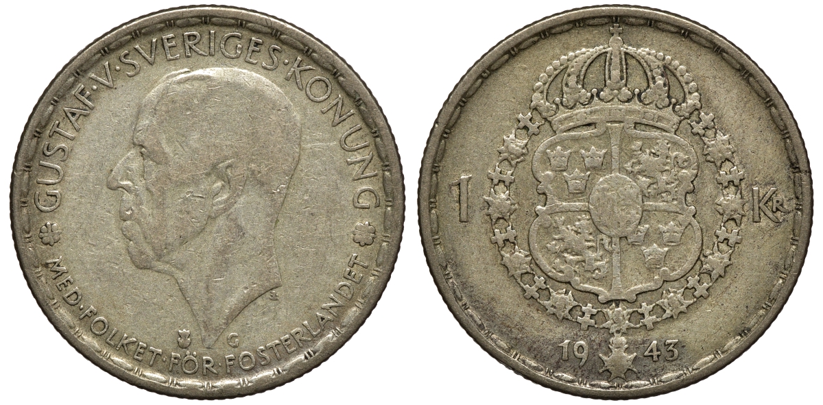 Швеция 1 крона 1943 G, Густав V (1907-1950) KM 814 серебро 4178-537