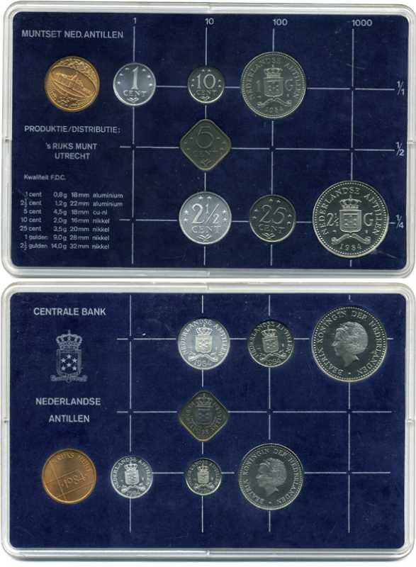 Нидерландские Антилы набор из 7 монет + жетон монетного двора 1984 официальный набор в пластике с сертификатом Беатрикс (1980-2013) UNC 2-4-1-26
