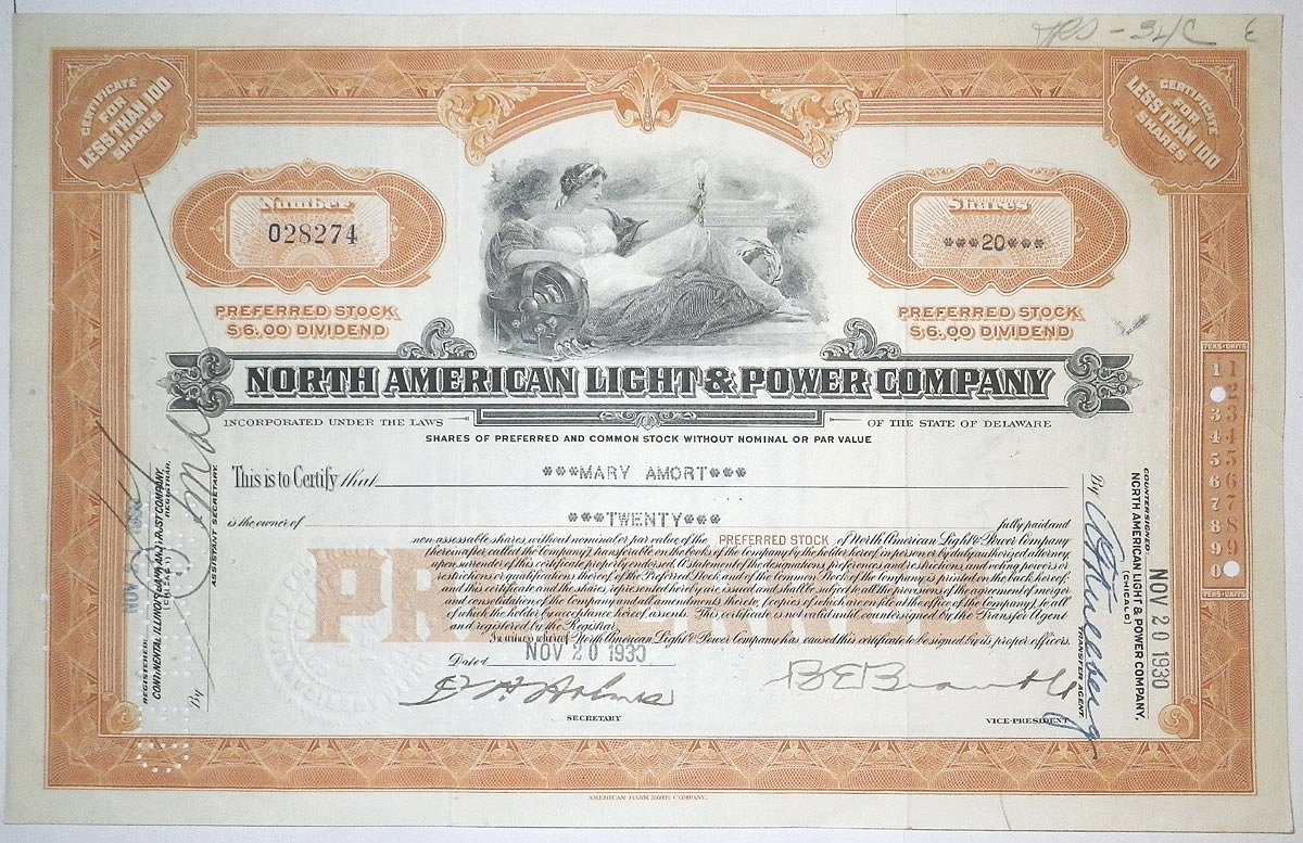 США, NORTH AMERICAN LIGHT & POWER COMPANY 20 акции 1930 бумага 00-00