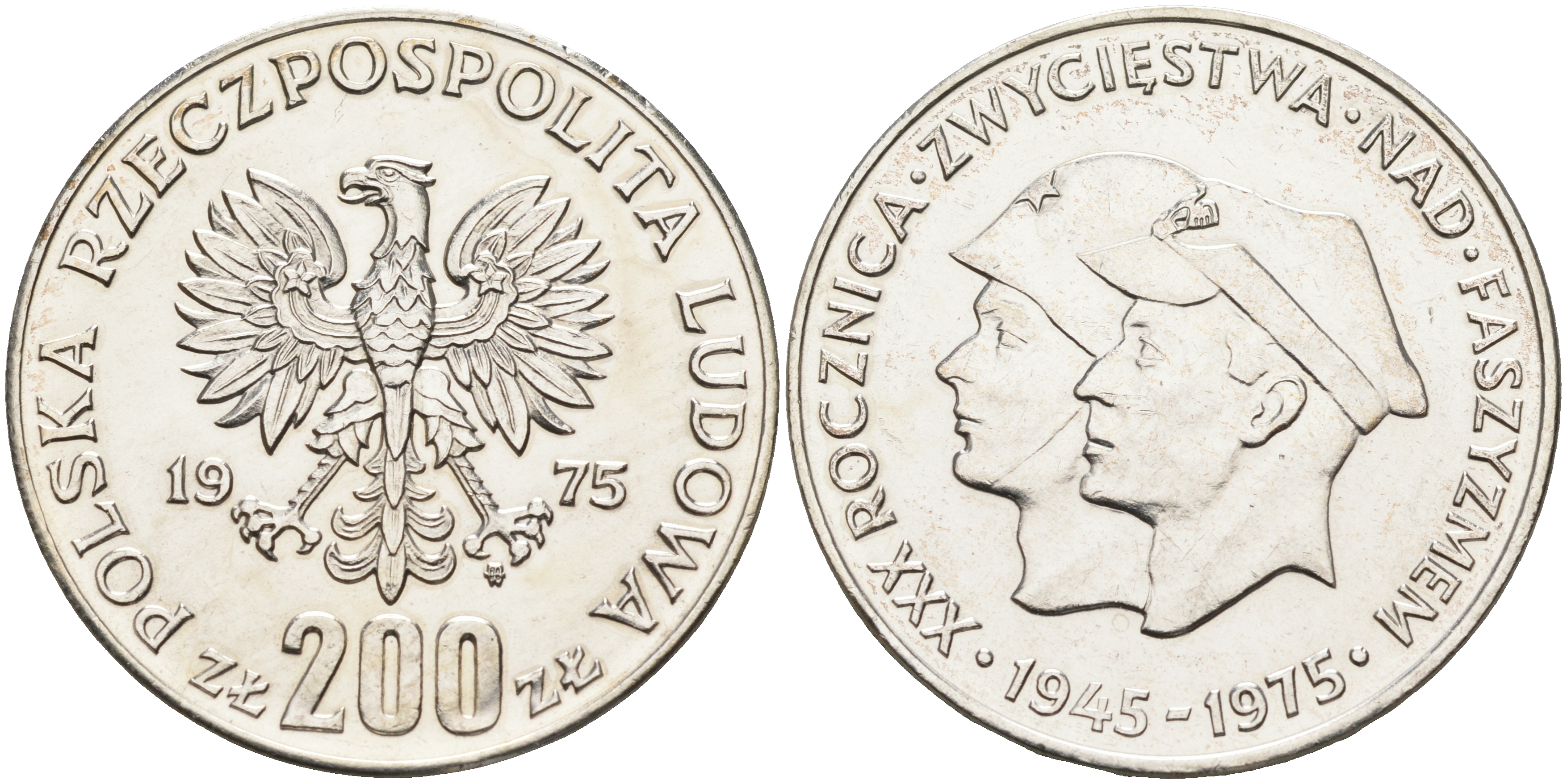 Польша 200 злотых 1975 MW, 30 лет победы над фашизмом KM 79, Parchimowicz 305а серебро UNC 1522-623
