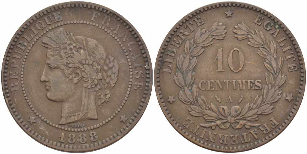 ФРАНЦИЯ 10 САНТИМОВ 1888 A, ТРЕТЬЯ РЕСПУБЛИКА (1871-1940) KM 815.1, LA FRANC 135.33 бронза 82-111