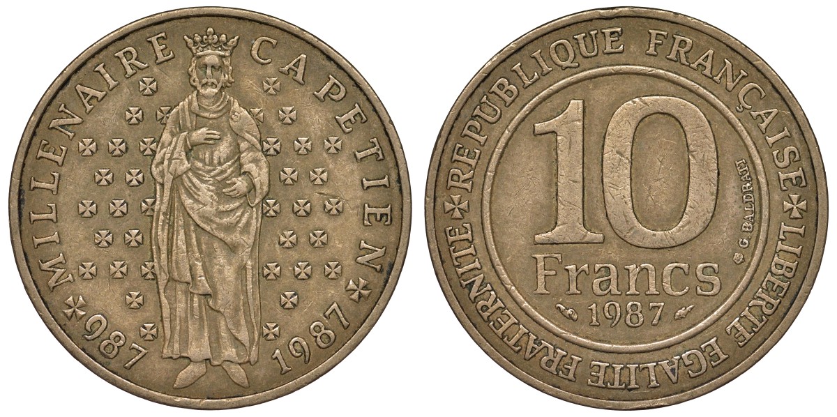 Франция 10 франков 1987 1000 лет первому королю Франции Гуго Капету KM 961 d, Le Franc 371.2 никелированная бронза 4123-642