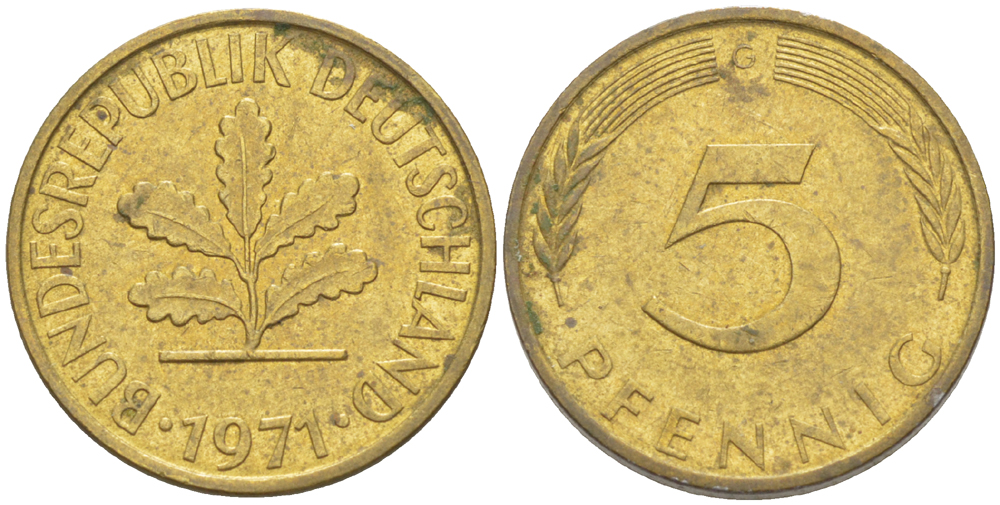 ФРГ 5 ПФЕННИГОВ 1971 G KM 107, J. 382 сталь плакированная латунью 4181-932