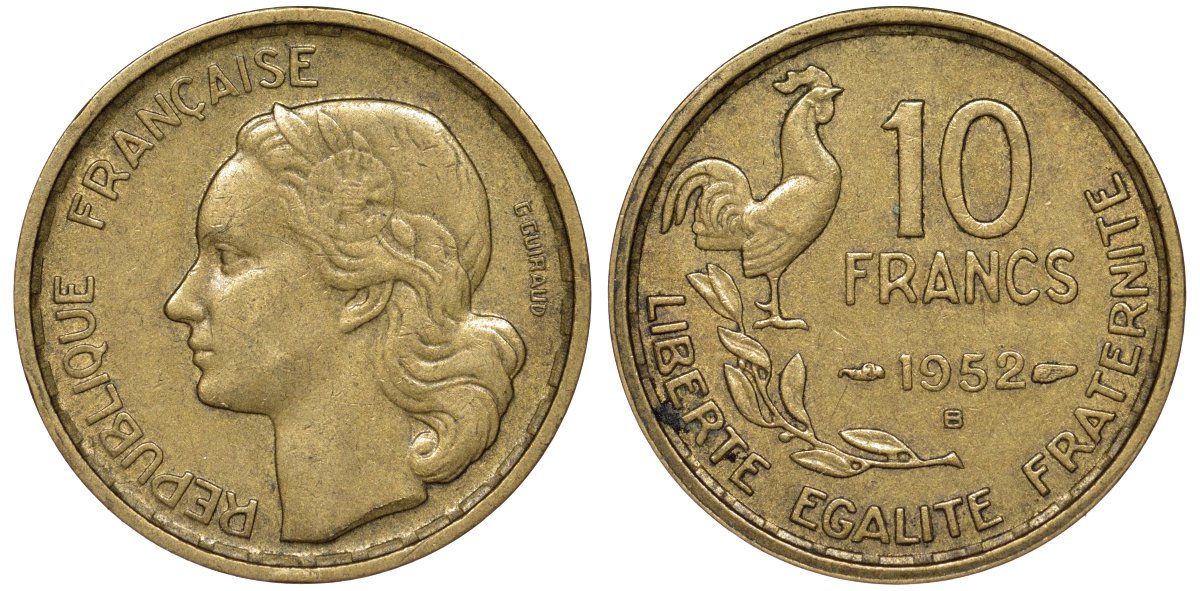 Франция 10 франков 1952 B, петух KM 915.2, Le Franc 363.5 алюминиевая бронза 51-2534