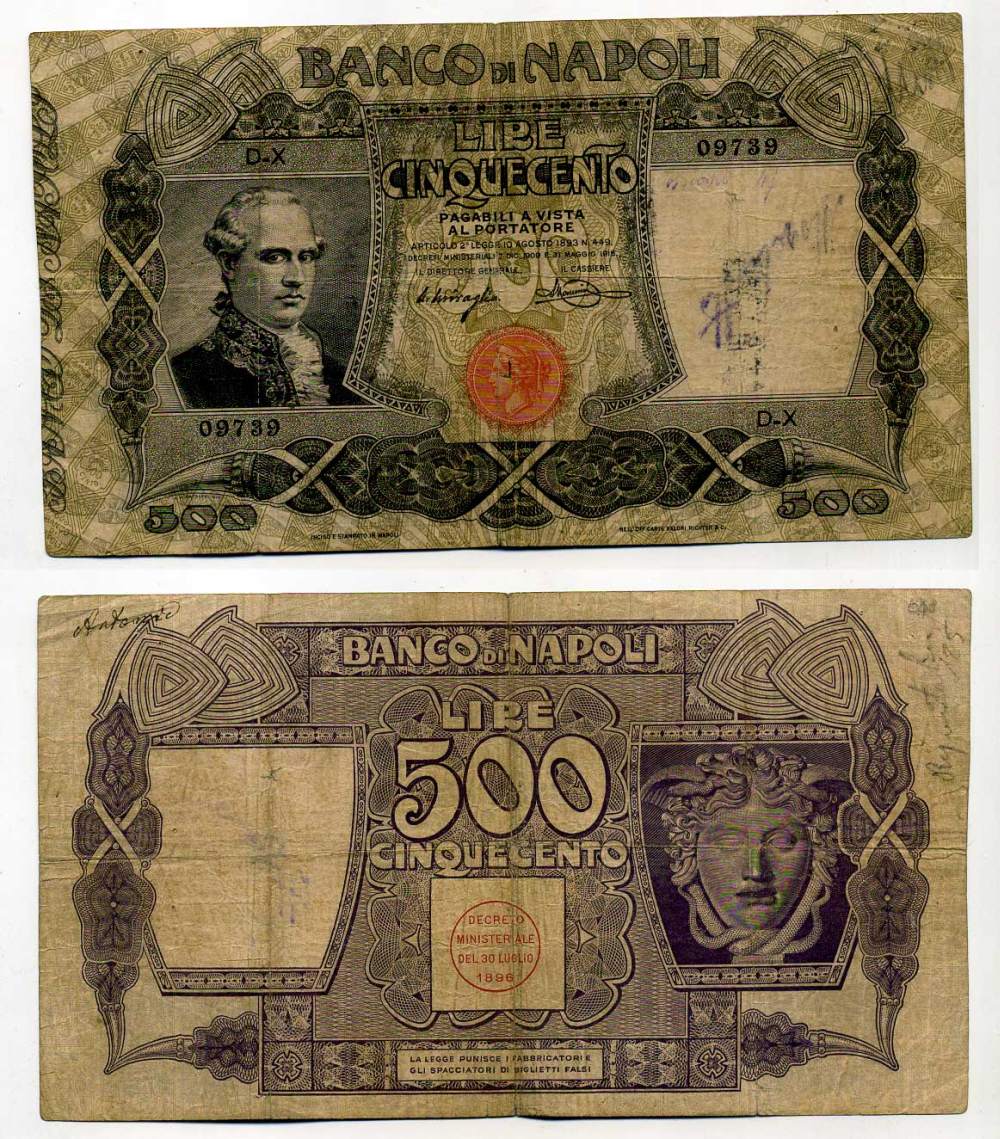 Италия, Неаполь 500 лир 1915 (bank Napoli) Pick S 858 бумага 451-283-2