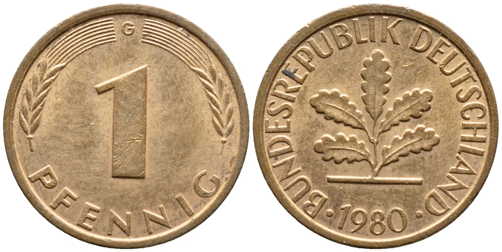 ФРГ 1 пфенниг 1980 G КМ 105 J.380 сталь плакированная медью 4392-1028