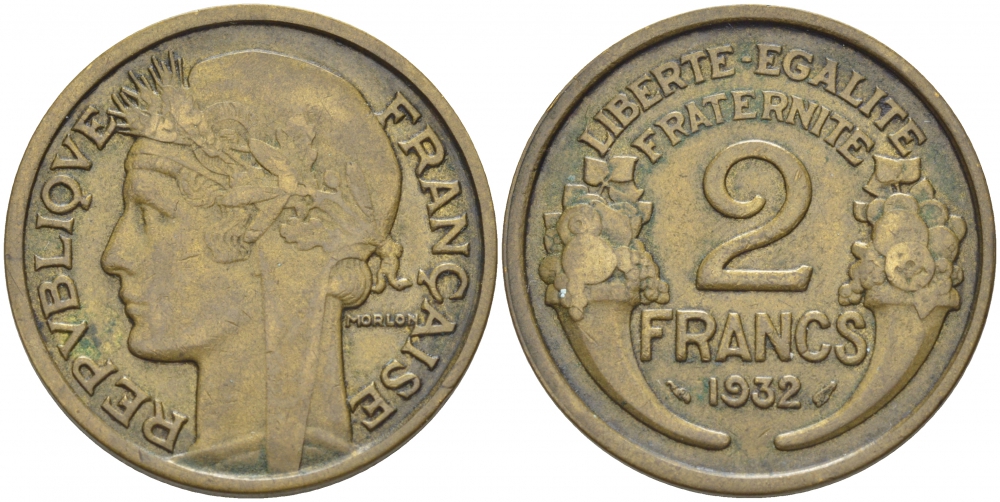 ФРАНЦИЯ 2 ФРАНКА 1932 ТИП MORLON KM 886, LE FRANC 268.3 алюминиевая бронза 4403-135