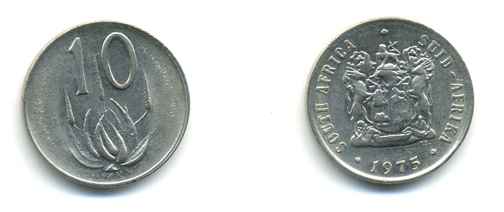 ЮАР 10 ЦЕНТОВ 1975 ГЕРБ, ЦВЕТОК АЛОЭ KM 85 никель UNC 86-1243