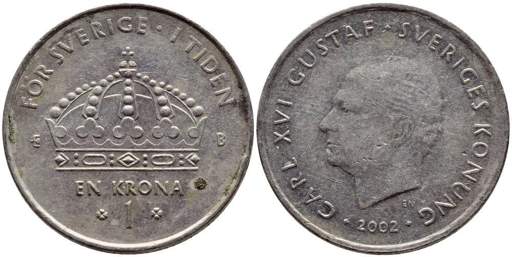 Швеция 1 крона 2002 Карл XVI Густав (1973- ) KM 894 медно-никель 4364-1211