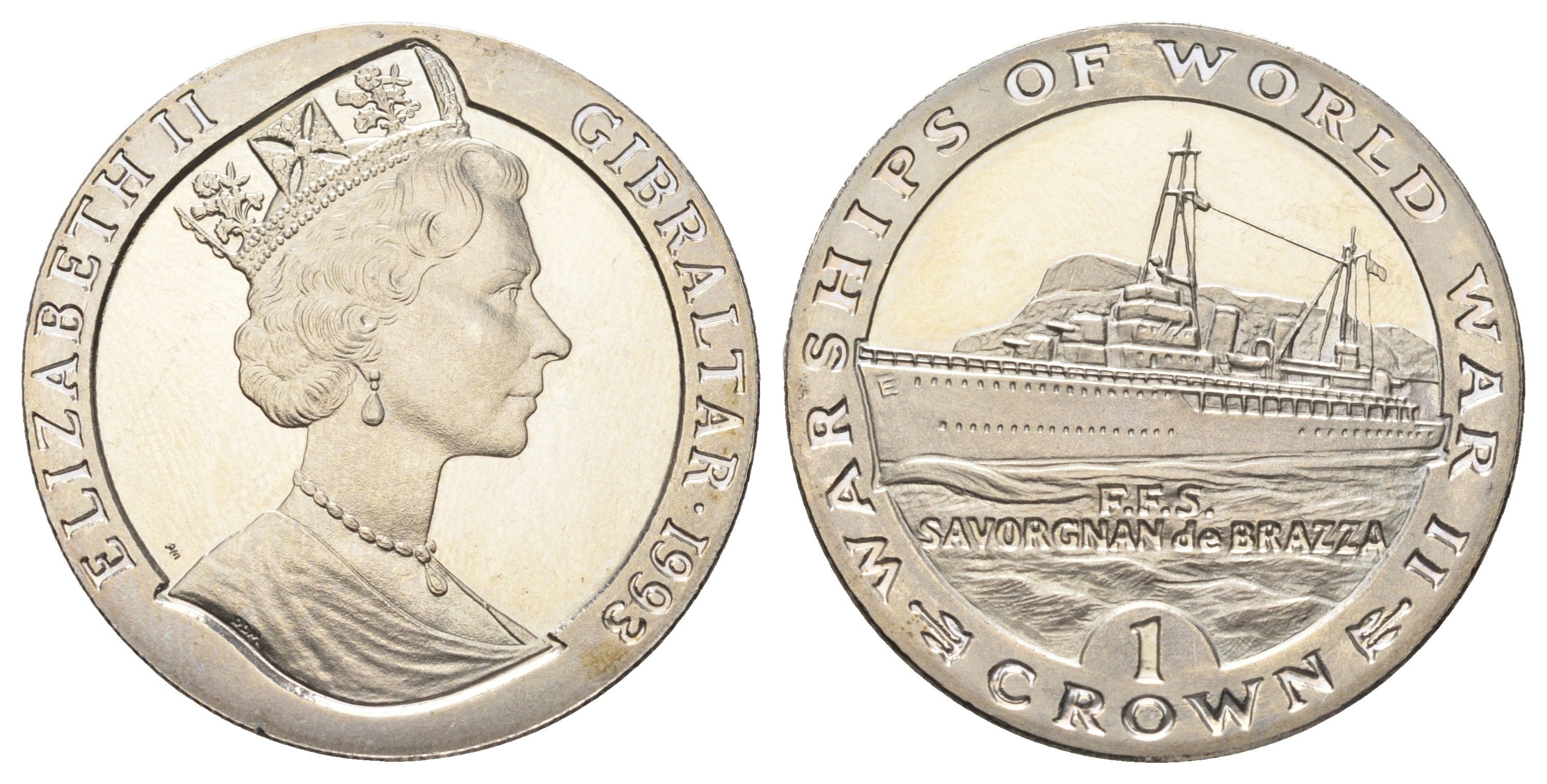 Гибралтар 1 крона 1993 Боевые корабли Второй мировой войны - FFS Savorgnan de Brazza KM 144 медно-никель BU 1078-1-31