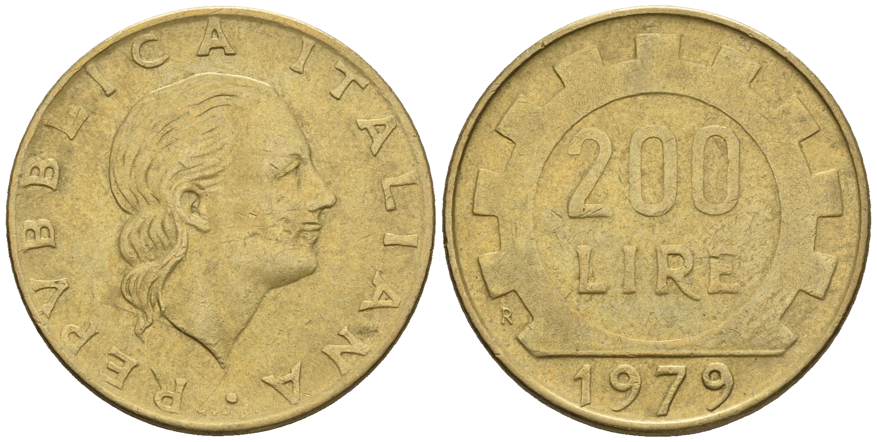 Италия 200 лир 1979 R, шестерня KM 105 алюминиевая бронза 85-427