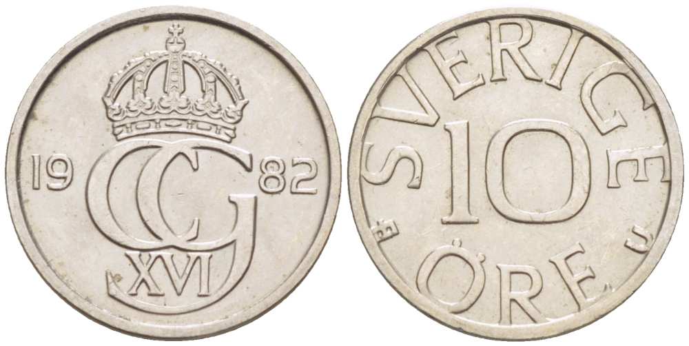 Швеция 10 эре 1982 U, Карл XVI Густав (1973- ) KM 850 медно-никель 4516-449