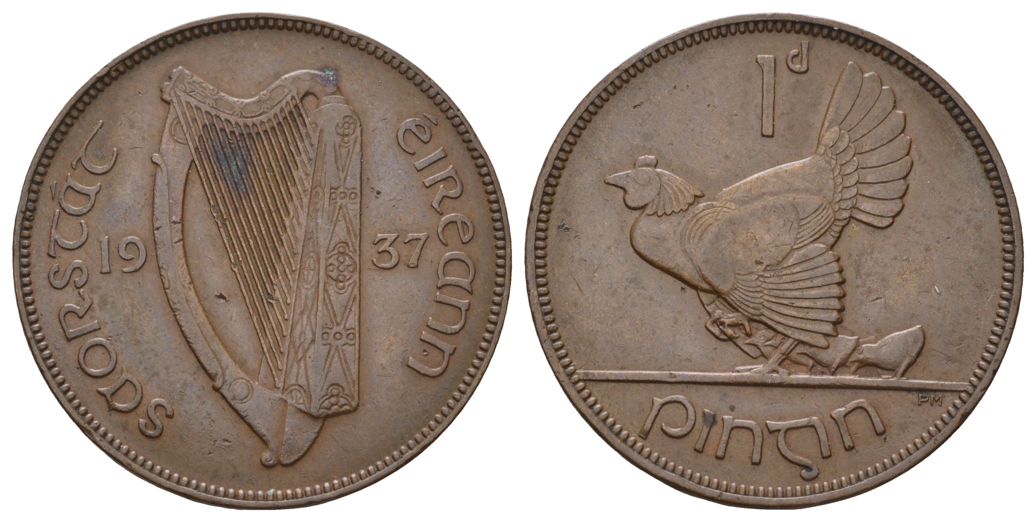 Ирландия 1 пенни 1937 курица с цыплятами KM 3 бронза 4512-915