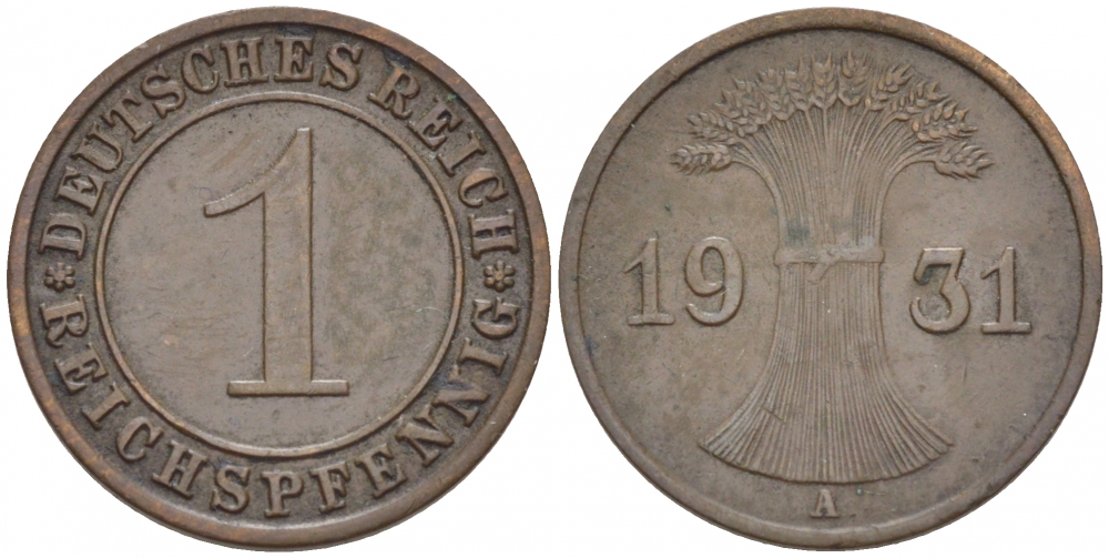 Германия 1 рейхспфенниг 1931 A KM 37, J. 313 бронза 110-225