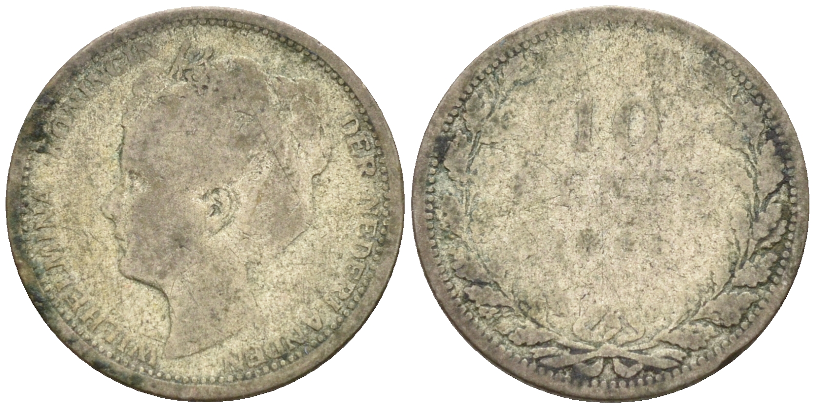 НИДЕРЛАНДЫ 10 ЦЕНТОВ ND ВИЛЬГЕЛЬМИНА серебро 188-1119