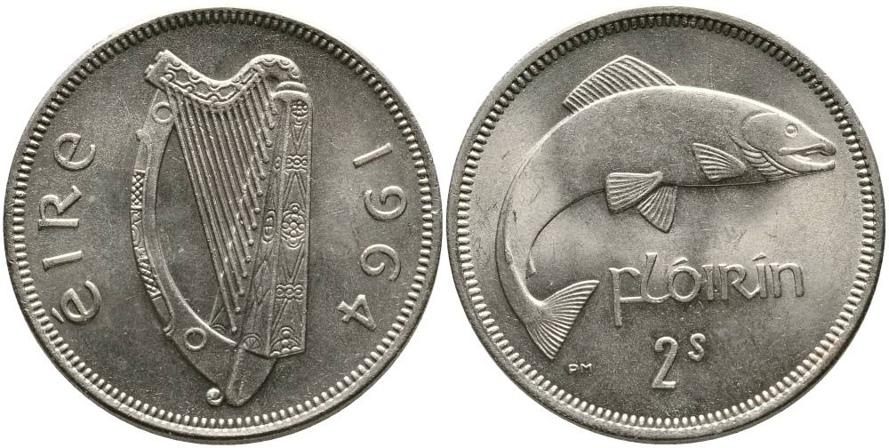 ИРЛАНДИЯ 1 ФЛОРИН = 2 ШИЛЛИНГА 1964 ЛОСОСЬ KM 15а медно-никель 4531-825