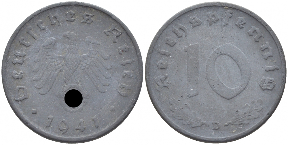 ГЕРМАНИЯ 10 РЕЙХСПФЕННИГОВ 1941 D KM 101, J. 371 цинк 4402-611