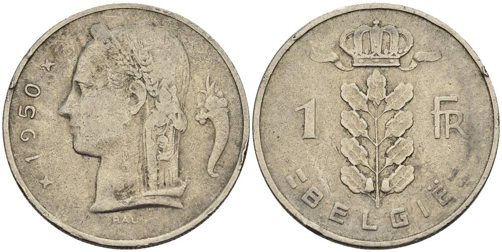 БЕЛЬГИЯ 1 ФРАНК 1950 BELGIE KM 143.1 медно-никель 4546-334