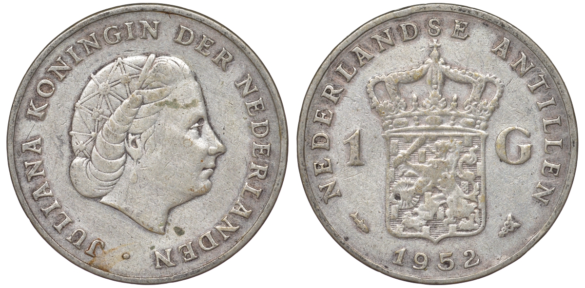 Нидерландские Антилы 1 гульден 1952 Юлиана (1948-1980) KM 2 серебро 36-1022