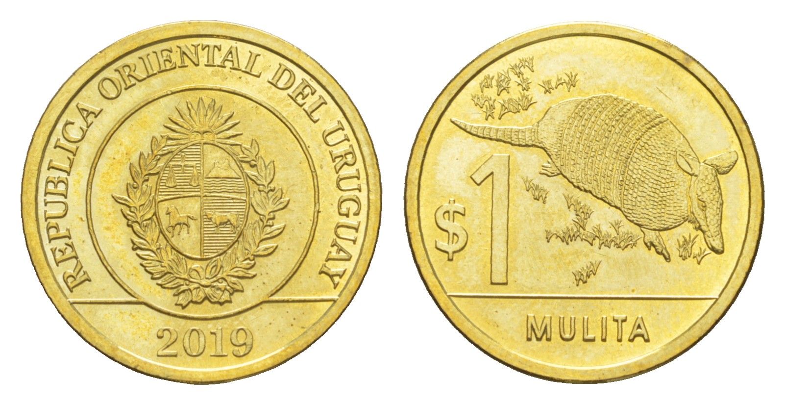 Уругвай 1 песо 2019 KM 136 сталь плакированная латунью UNC 4613-465
