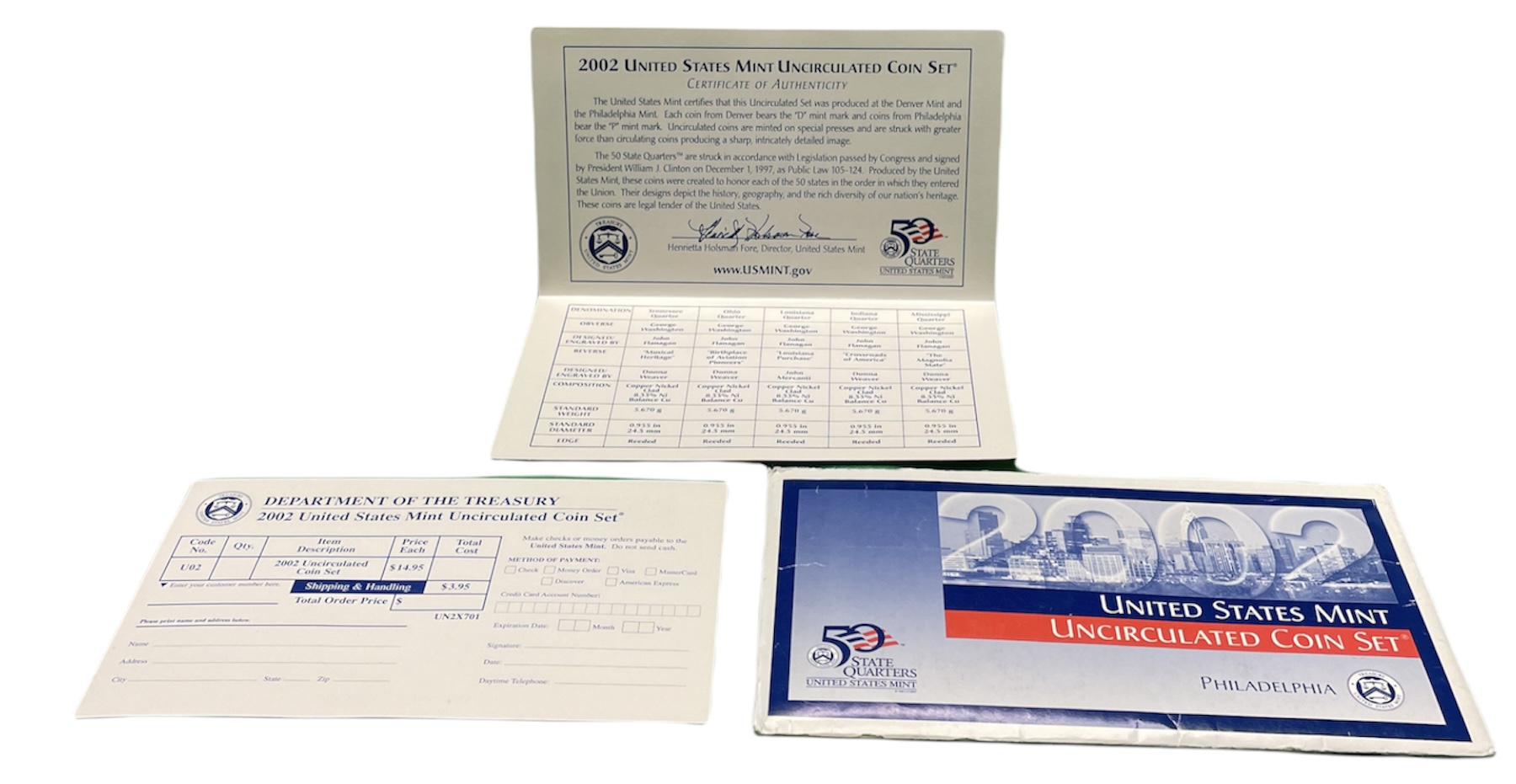 США два набора в одном 2002 два официальных набора в целлофановой запайке, буква Р, годовой набор и пять квотеров, штат Миссисипи, Луизиана, Огайо, Теннеси, Индиана, в конверте с сертификатом, Филадельфия  медь плакированная медно-никелем  UNC  7-5-6-28