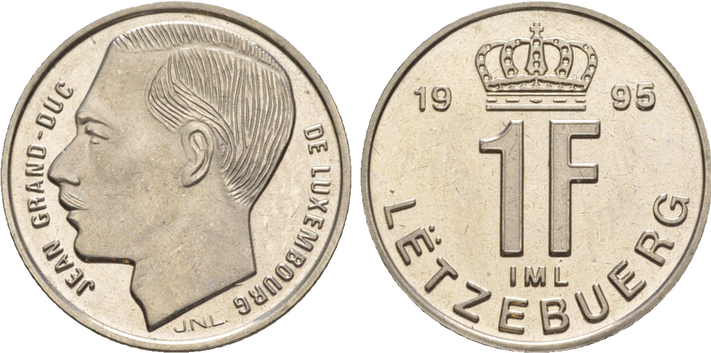 Люксембург 1 франк 1995 Великий герцог Жан (1964-2000), тираж 10.000 экземпляров KM 63 сталь плакированная никелем  BU  4635-1222