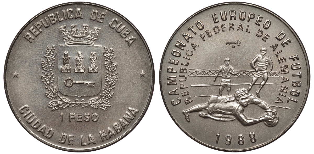Куба 1 песо 1988 чемпионат мира по футболу в Италии 1990, два игрока KM 244 медно-никель UNC 00-00