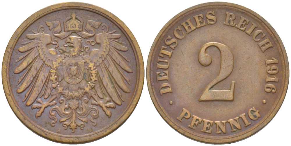 Германия 2 пфеннига 1916 A KM 16, J. 11, Weege 4 медь 206-667