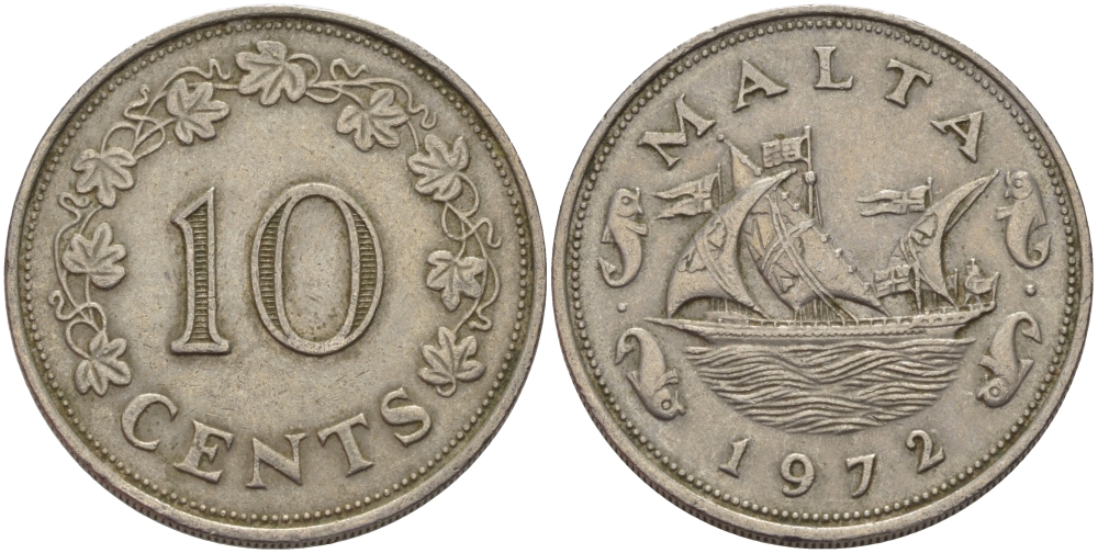 Мальта 10 центов 1972 баржа Великого магистра KM 11 медно-никель 82-515