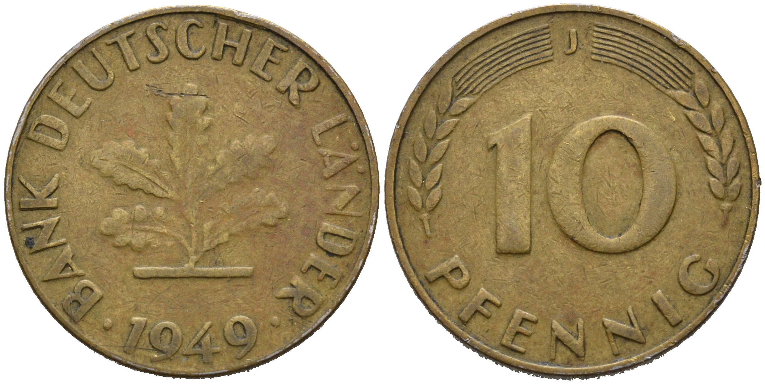 ФРГ 10 ПФЕННИГОВ 1949 J KM 103, J.378 сталь плакированная латунью 75-611