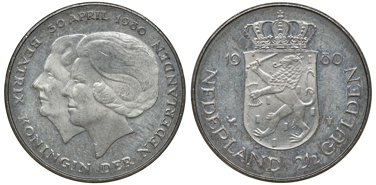 Нидерланды 2 1/2 гульдена 1980 коронация Беатрикс, 30 апреля 1980 KM 201 никель 72-1422