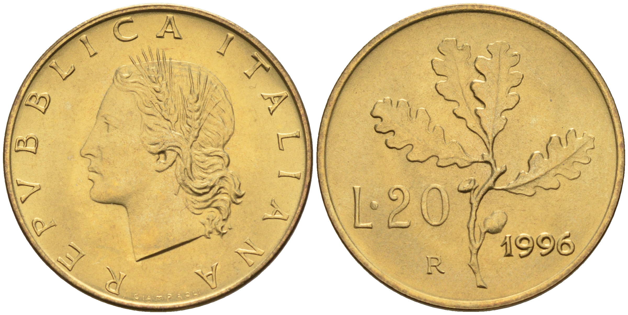 Италия 20 лир 1996 R, дубовый лист KM 97.2 алюминиевая бронза  UNC  4594-1038