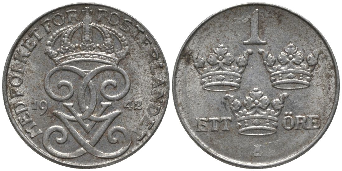 Швеция 1 эре 1942 Густав V (1907-1950) KM 810 железо 188-1213