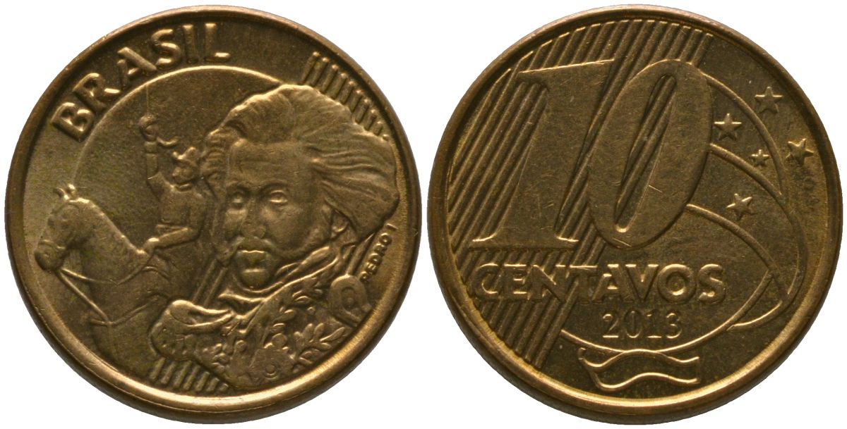 Бразилия 10 сентаво 2013 KM 649, Schon 157 сталь плакированная бронзой 4523-935