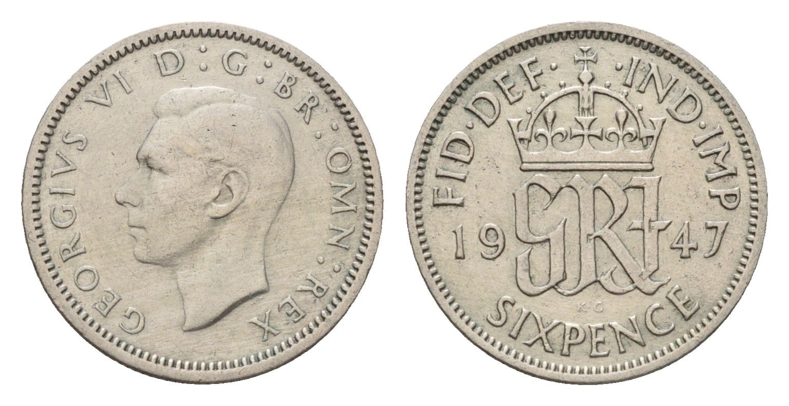 Великобритания 6 пенсов 1947 Георг VI (1936-1952) KM 862, Spink 4105 медно-никель 4651-1048