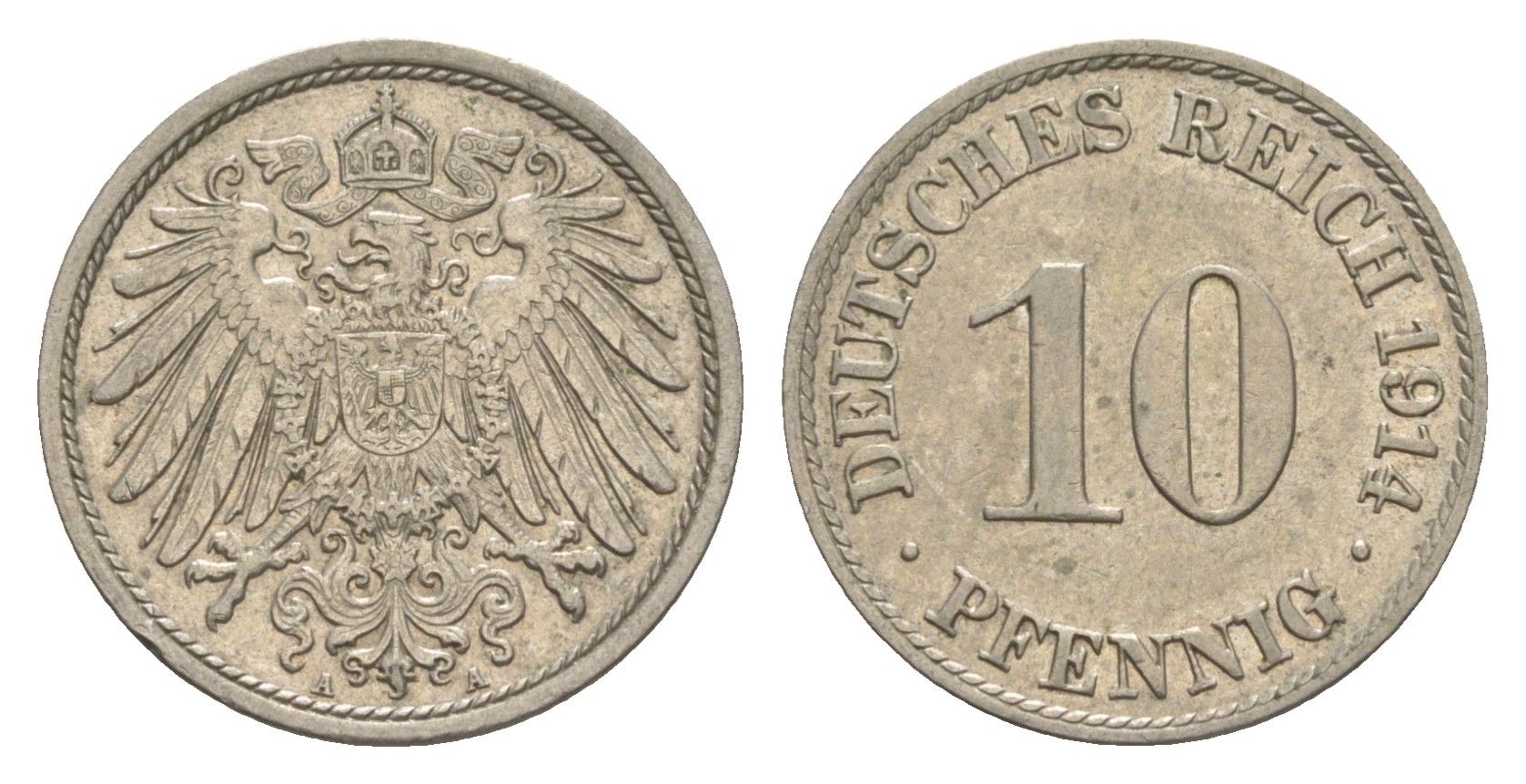 Германия 10 пфеннигов 1914 A, Вильгельм II (1888-1918) KM 12, J. 13 медно-никель 4644-1215