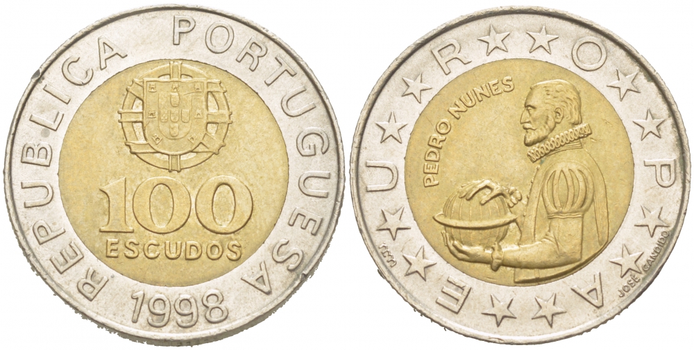 Португалия 100 эскудо 1998 Педру Нуниш (1502-1578), математик KM 645.1 биметалл 77-546