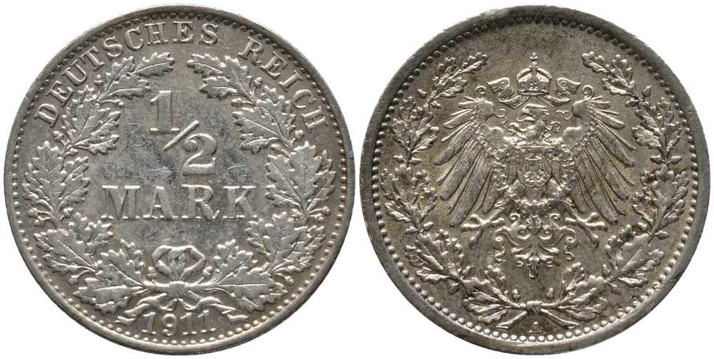 ГЕРМАНИЯ 1/2 МАРКИ 1911 A KM 17, J. 16, Weege 16 серебро 4448-741