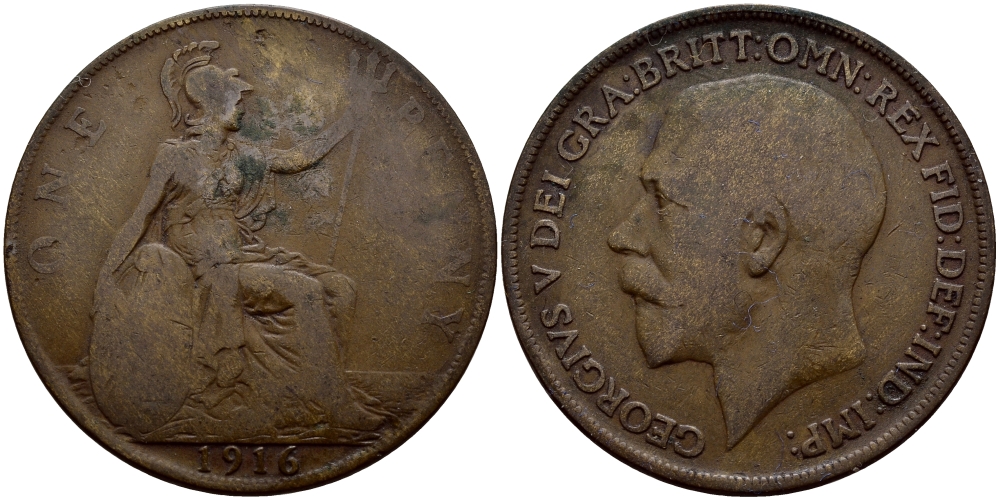 Великобритания 1 пенни 1916 Георг V (1910-1936) KM 810, Spink 4051 бронза    4385-344