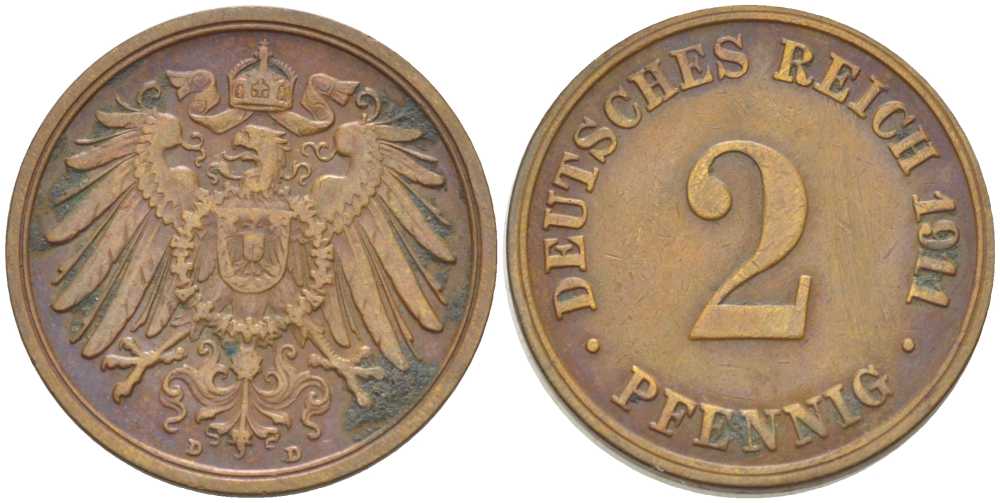 ГЕРМАНИЯ 2 ПФЕННИГА 1911 D KM 16, J. 11, Weege 4 медь 206-559