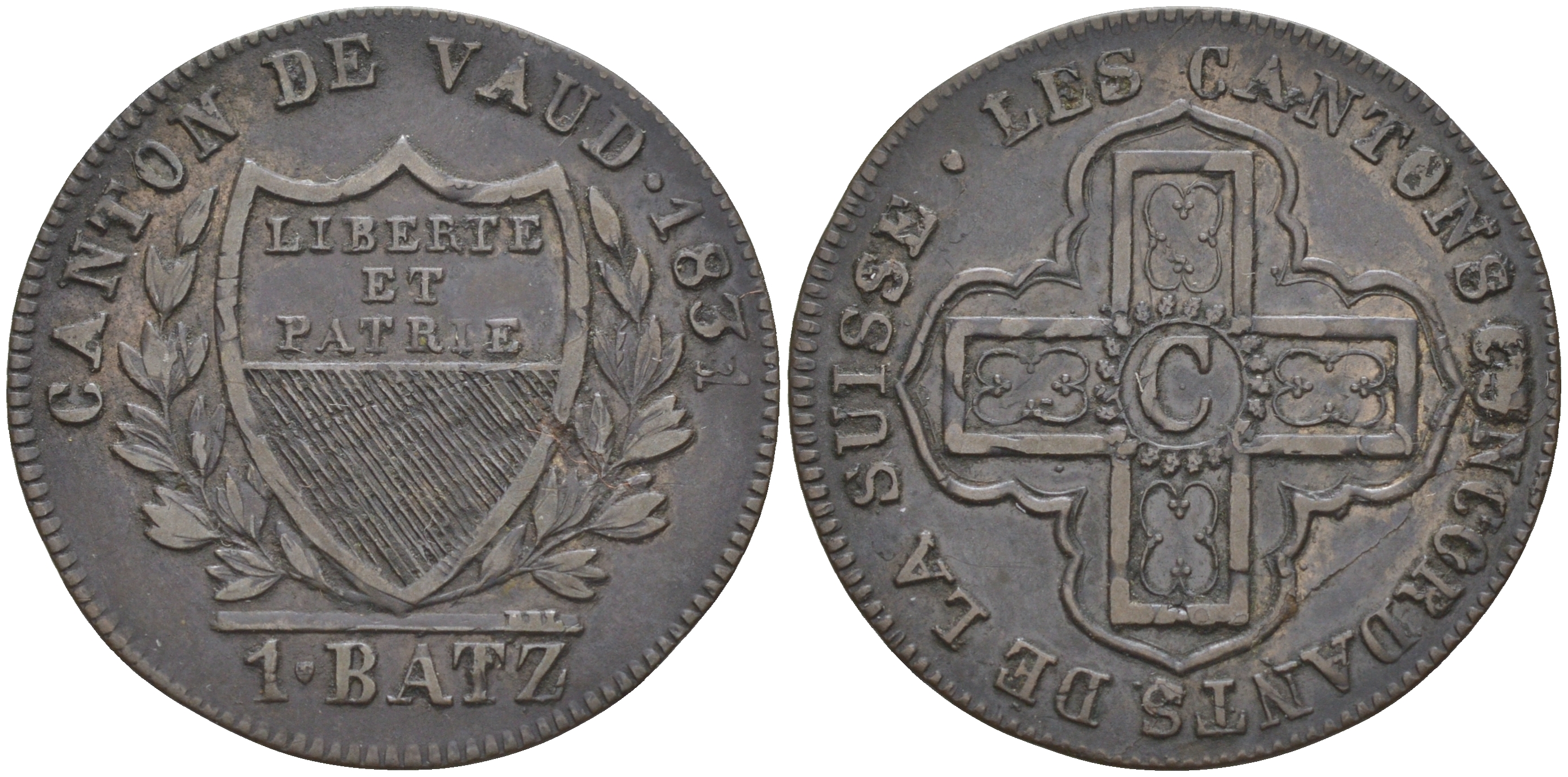 Швейцария, Вод 1 батцен = 10 раппенов 1831 кантон VAUD KM 20 биллон 1524-135