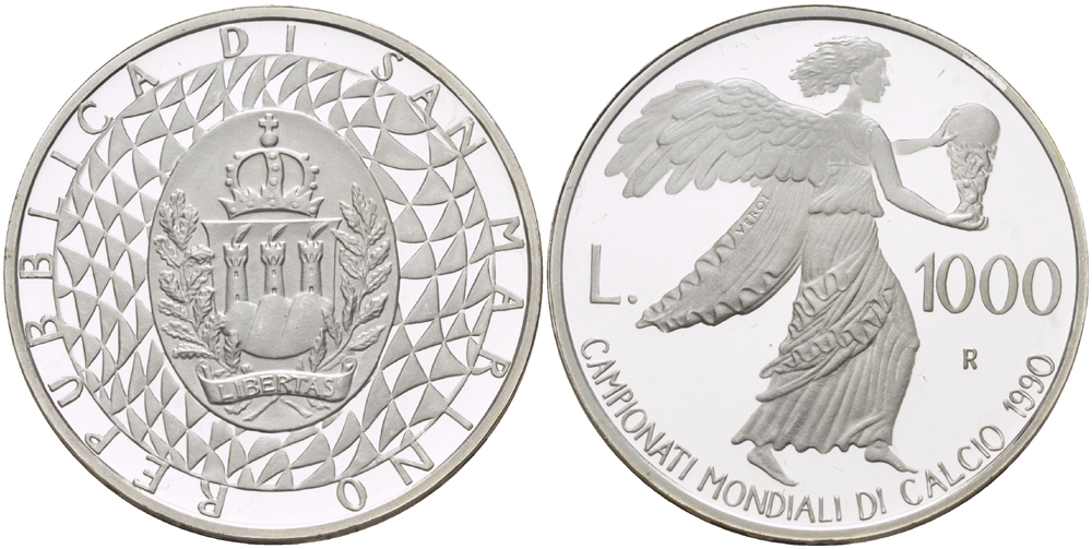 Сан-Марино 1000 лир 1990 R, Чемпионат мира по футболу в Италии 1990 года, богиня победы Ника несет кубок KM 247 серебро PROOF 1074-8-14
