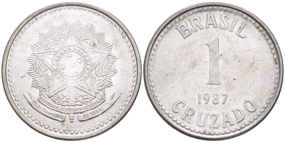 Бразилия 1 крузадо 1987 KM 605 нержавеющая сталь 217-1242