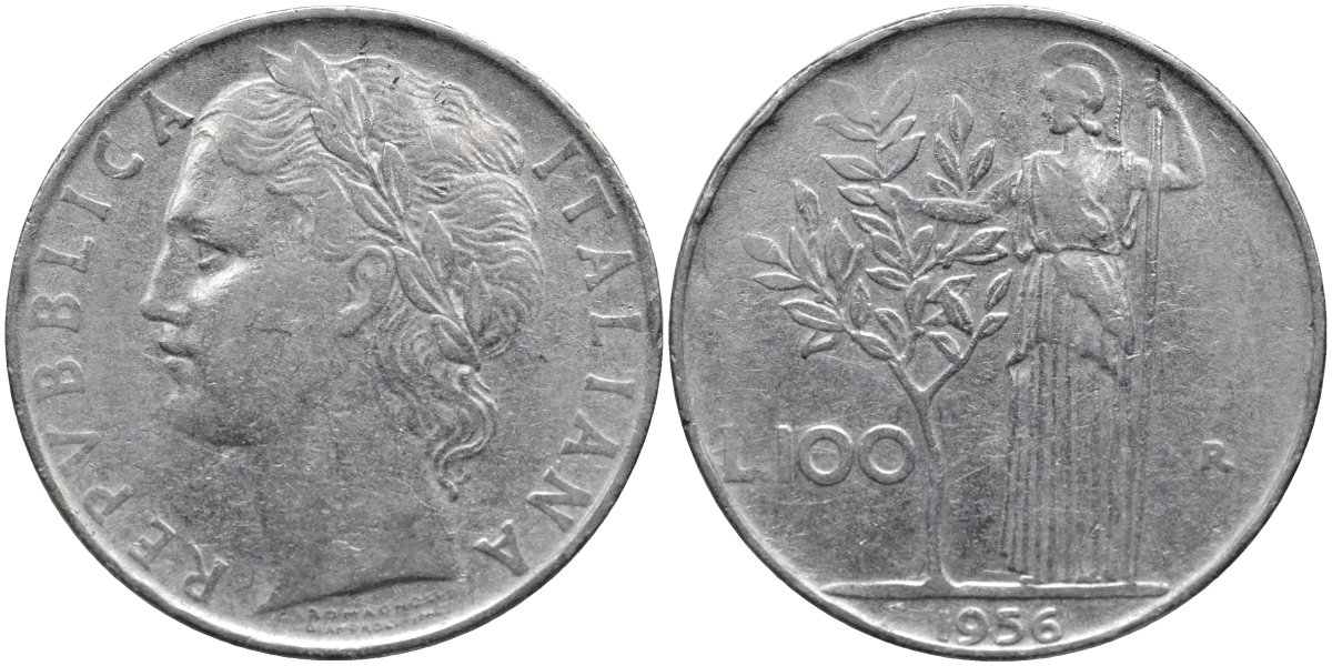 Италия 100 лир 1956 R, Афина в доспехах KM 96.1 нержавеющая сталь 4165-135