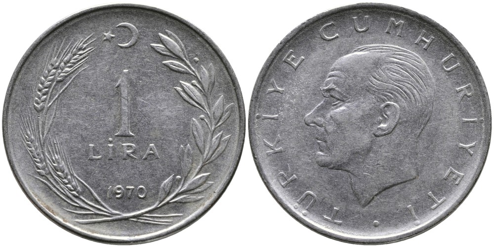 Турция 1 лира 1970 Мустафа Кемаль Ататюрк KM 889а.2 нержавеющая сталь 4384-726