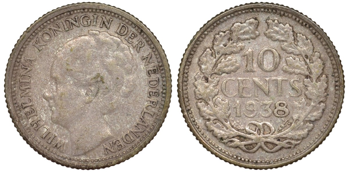 Нидерланды 10 центов 1938 Вильгельмина I (1890-1948) KM 163 серебро 4174-145