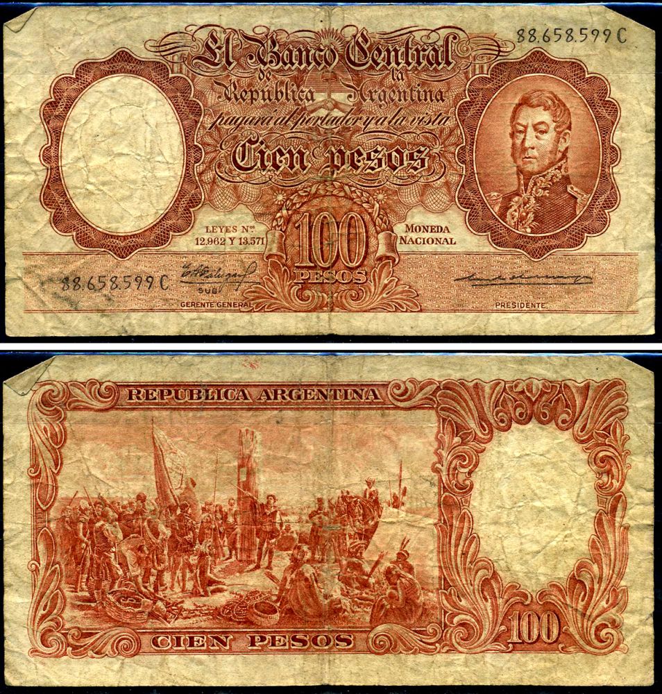 Аргентина 100 песо ND (1957-1976) Хосе де Сан-Мартин Pick 272 (6) бумага 7198-13-3-2
