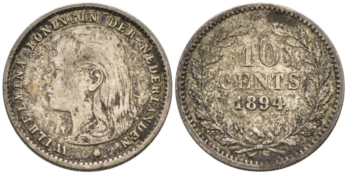 Нидерланды 10 центов 1894 Вильгельмина (1890-1948), редкая KM 116 серебро 4576-818