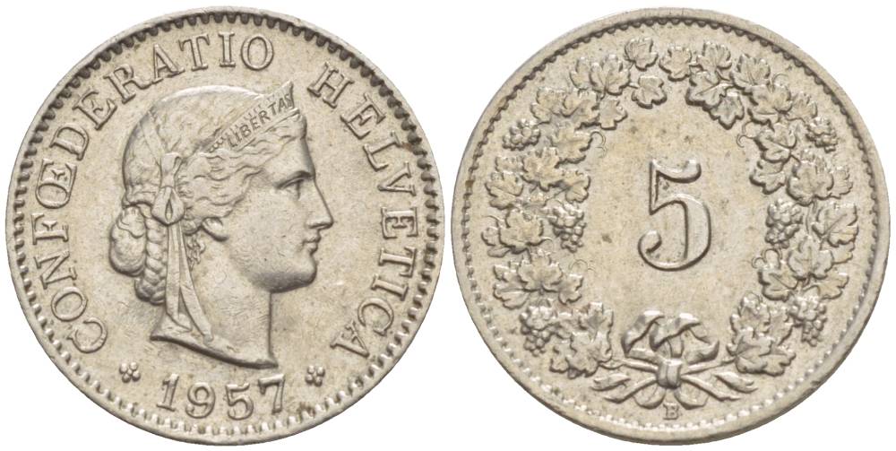 ШВЕЙЦАРИЯ 5 РАППЕНОВ 1957 В KM 26 медно-никель 4532-949